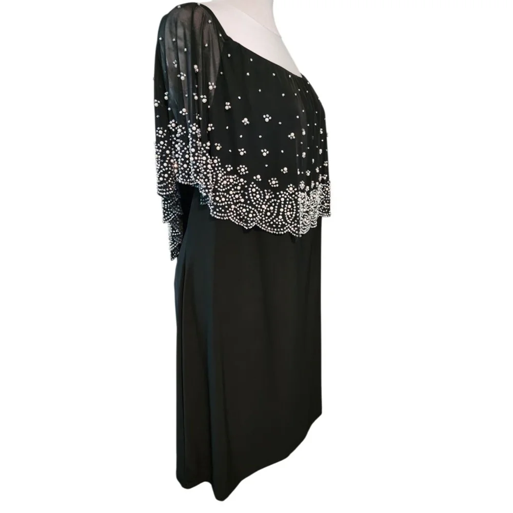 S. Levine Women 3X Black Cocktail Dress Pearl Beaded Cape Overlay Evening Dress - Picture 2 of 10